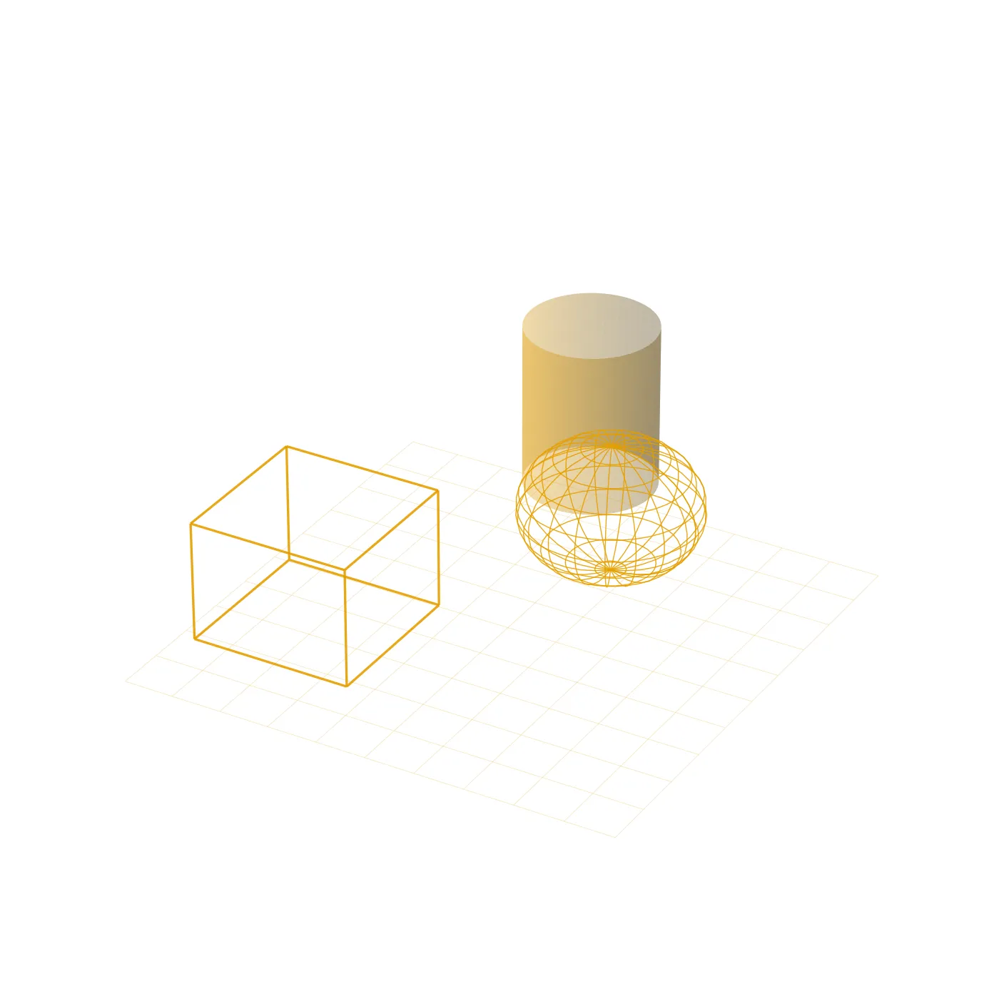 Minimalistička 3D scena s kockom, kuglom i cilindrom na mrežastoj podlozi — simbolizira poligonalno, skulpt i NURBS modeliranje.