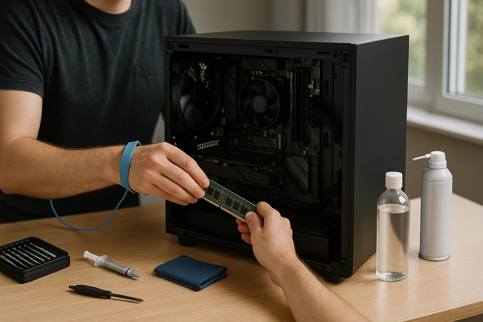 Osoba ugrađuje RAM u desktop računalo uz antistatičku narukvicu — DIY popravak računala s alatima, termalnom pastom i izopropilnim alkoholom.