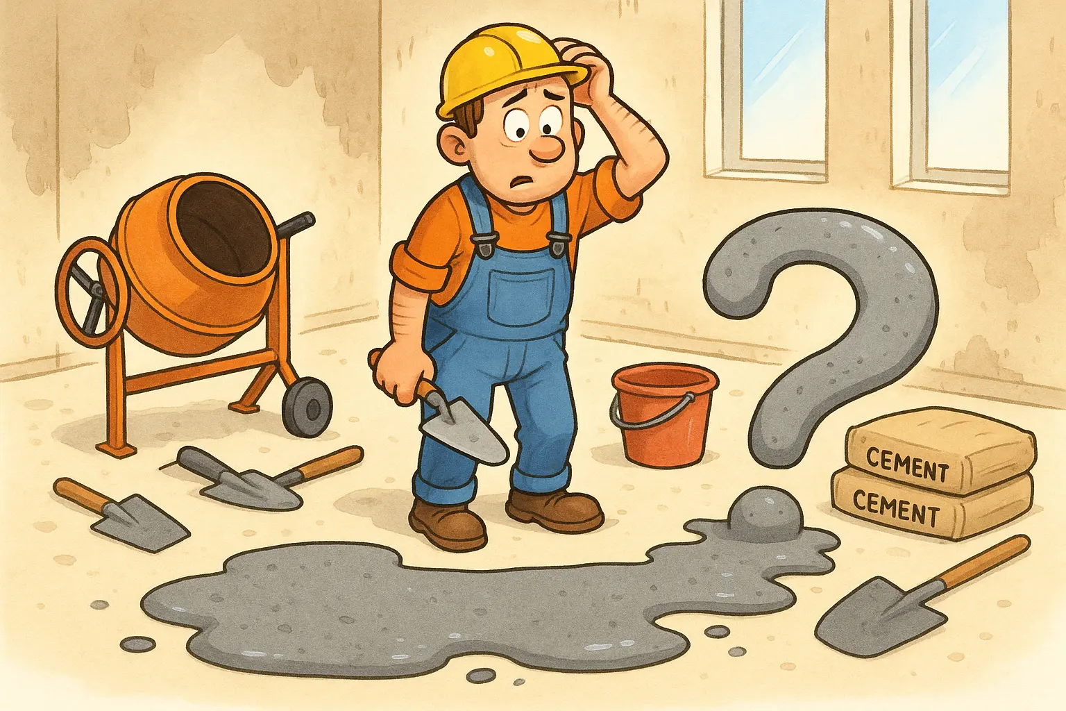 Radnik na gradilištu zbunjen mokrim estrihom koji se formirao u oblik znaka pitanja - ilustracija čestih dilema oko izbora i ugradnje mokrog estriha