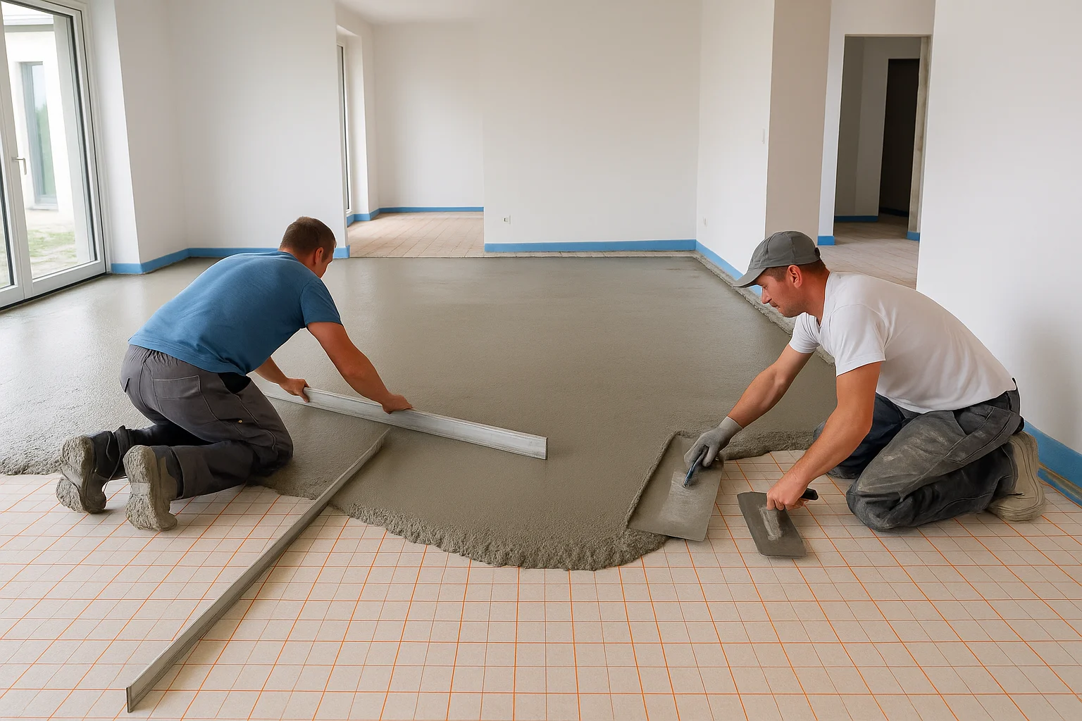 Profesionalna ugradnja cementnog estriha - radnici koriste aluminijsku ravnjaču za niveliranje svježeg cementnog estriha u modernom stambenom prostoru s vidljivim izolacijskim pločama i rubnim trakama