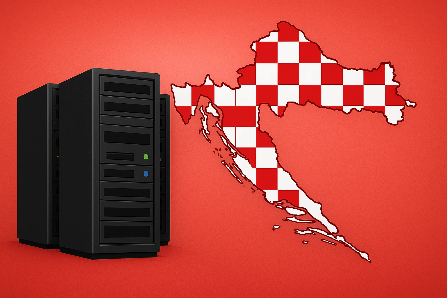 Ilustracija hrvatskog hostinga: serverski ormari uz kartu Hrvatske s crveno-bijelim kockicama, simbol domaćih data centara.
